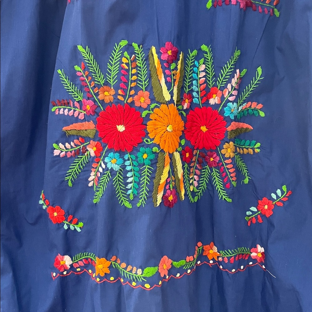 Embroidered Blue Dress, Mexican Folk Dress, sz 12-14 - Picture 3 of 4